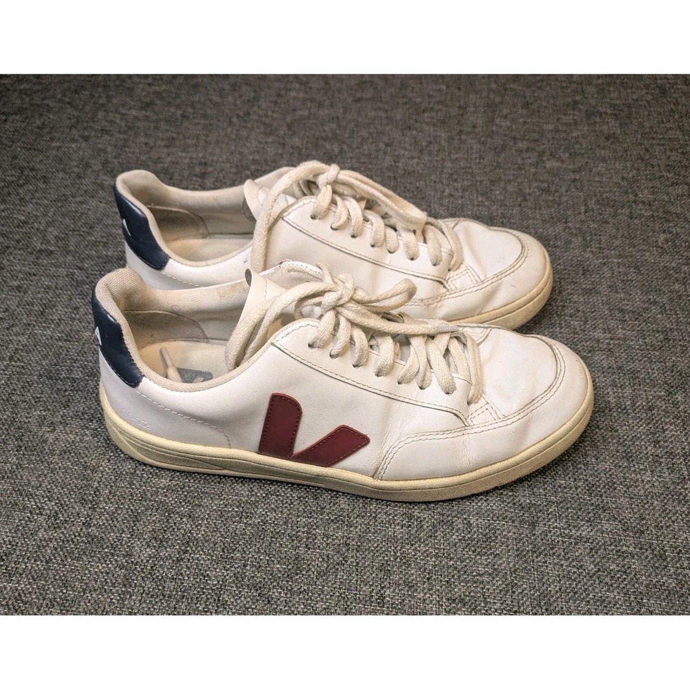 VEJA V-12 Leather Shoes White / Red Marsala Nautico Men's Size 8.5 Sneakers
